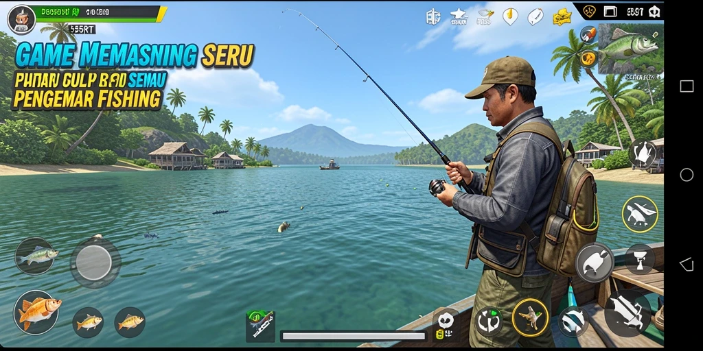 Tampilan gameplay seru dari 55RT saat memancing di danau yang indah.