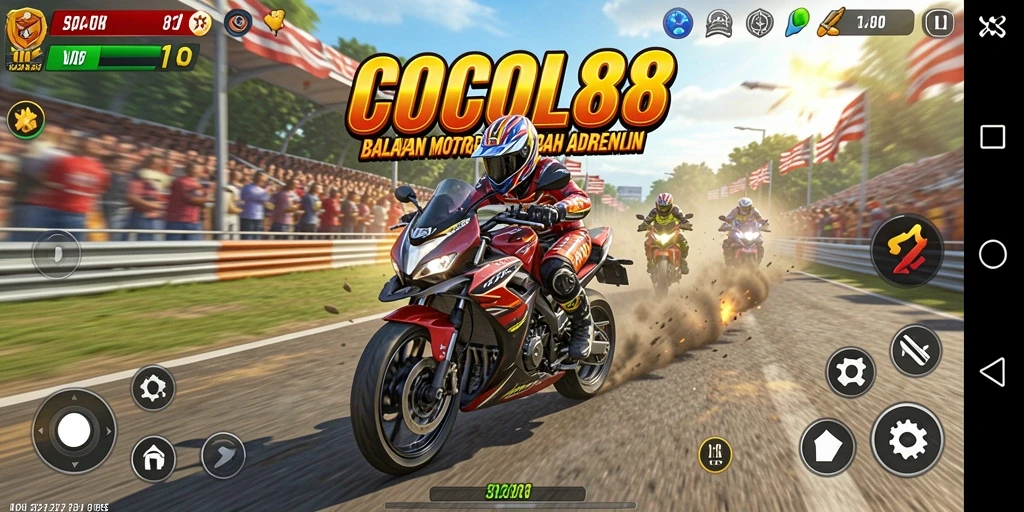 Screenshot gameplay COCOL88 menampilkan aksi balapan motor yang mendebarkan.