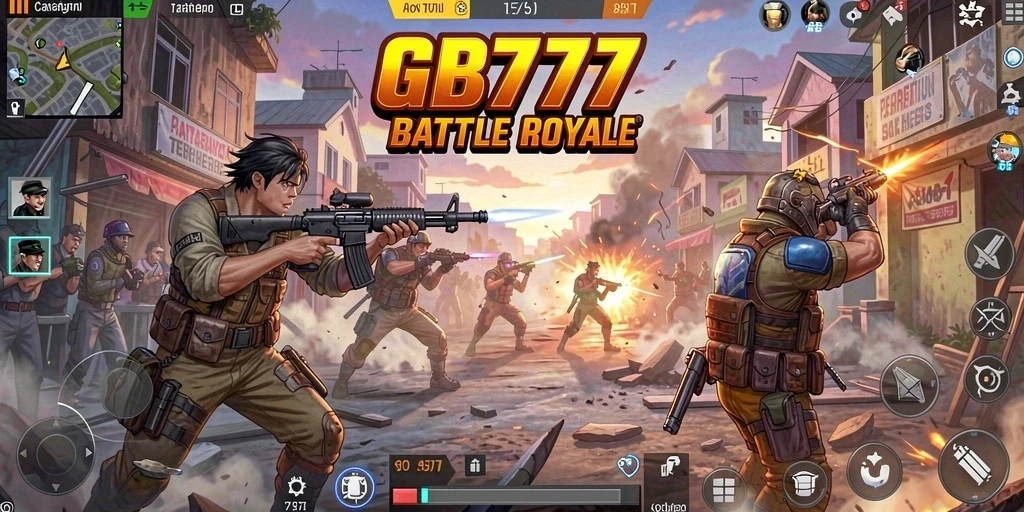 Screenshot GB777 menampilkan aksi seru dalam pertempuran Battle Royale.
