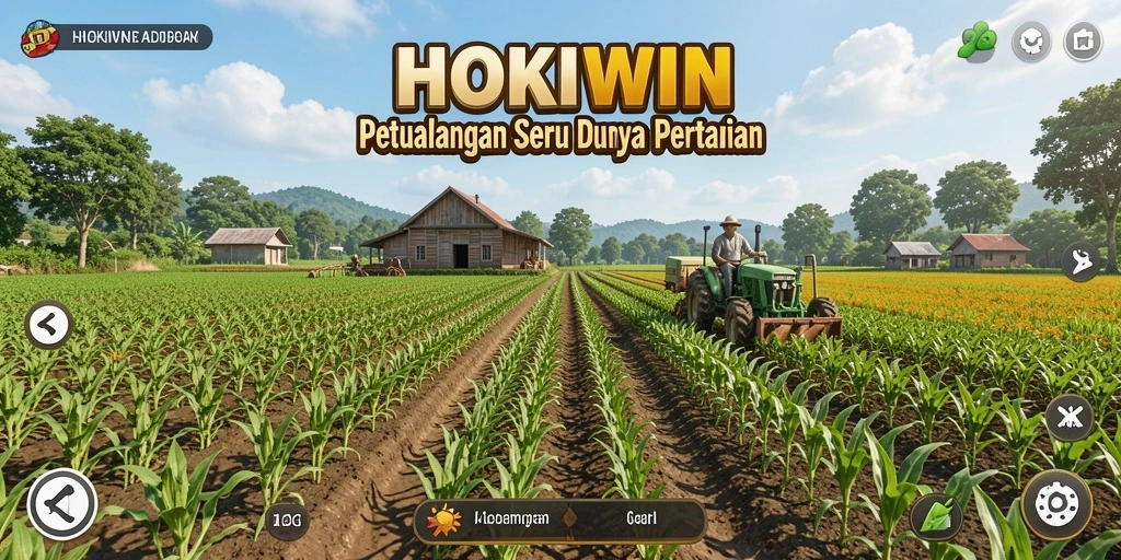 Screenshot gameplay HOKIWIN menampilkan kebun yang indah dan hewan ternak yang bersenang-senang.