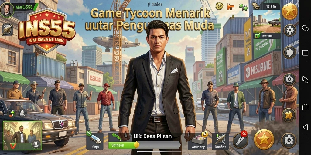 Tampilan gameplay INS55 dengan elemen bisnis Tycoon yang seru.