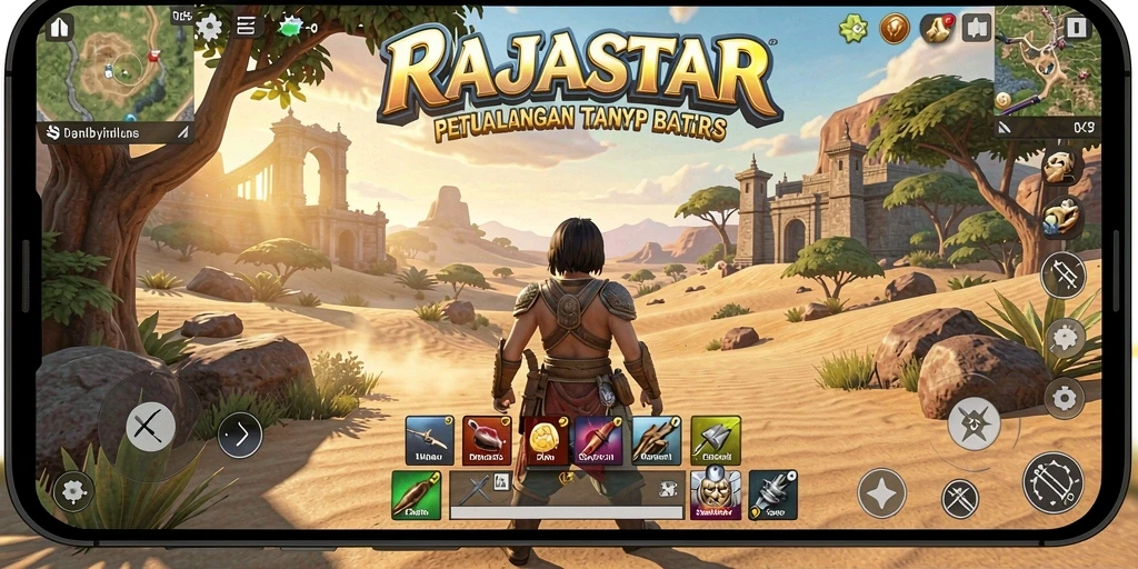 Screenshot menunjukkan pemain menjelajahi dunia terbuka di RAJASTAR.